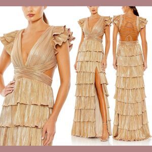 NWT IEENA Mac Duggal [ 8 ]‎ 26740 Ruffle Tiered Criss Cross Lace Up Gown gold